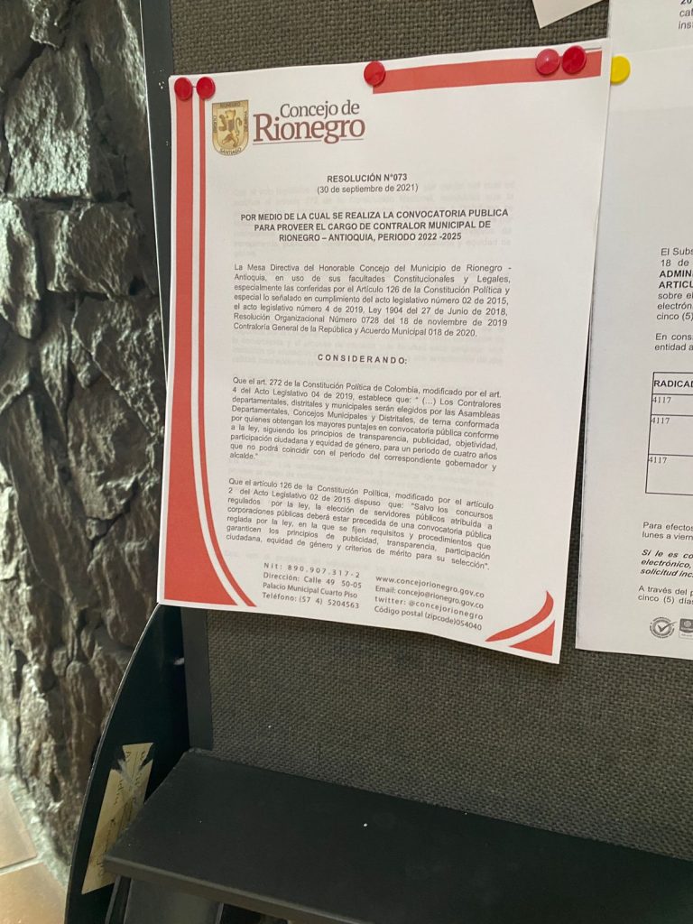 El Concejo de Rionegro inicia el calendario para proveer el cargo de Contralor Municipal 2022 - 2025